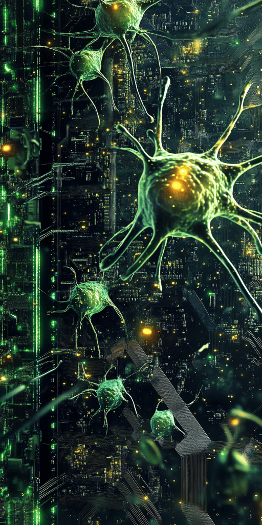 Visualisierung von neuronalen Zellen, die über eine digitale Leiterplattenstruktur verlaufen, mit grün leuchtenden Akzenten