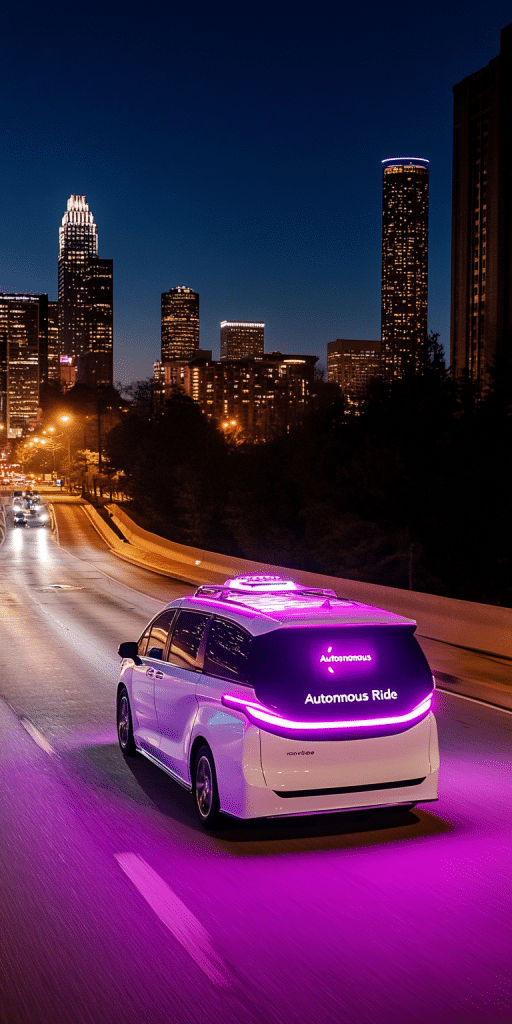 Ein autonomes Fahrzeug mit leuchtenden violetten Lichtern fährt bei Nacht durch eine Stadt mit Hochhäusern im Hintergrund.