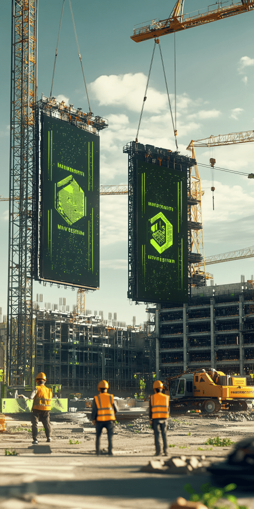 Baustelle mit futuristischen Krananlagen, die große digitale Komponenten mit grüner Leuchtanzeige installieren, umgeben von Bauarbeitern.