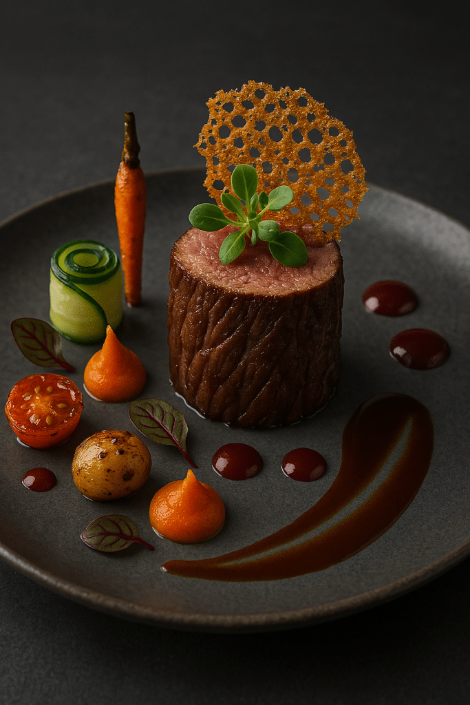 Aufwendig angerichtetes Gourmetgericht mit Fleisch, Gemüse und Soße auf dunklem Teller
