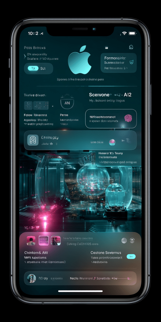 Smartphone zeigt eine futuristische Apple-Oberfläche mit KI-Elementen und digitalen Steuerfunktionen