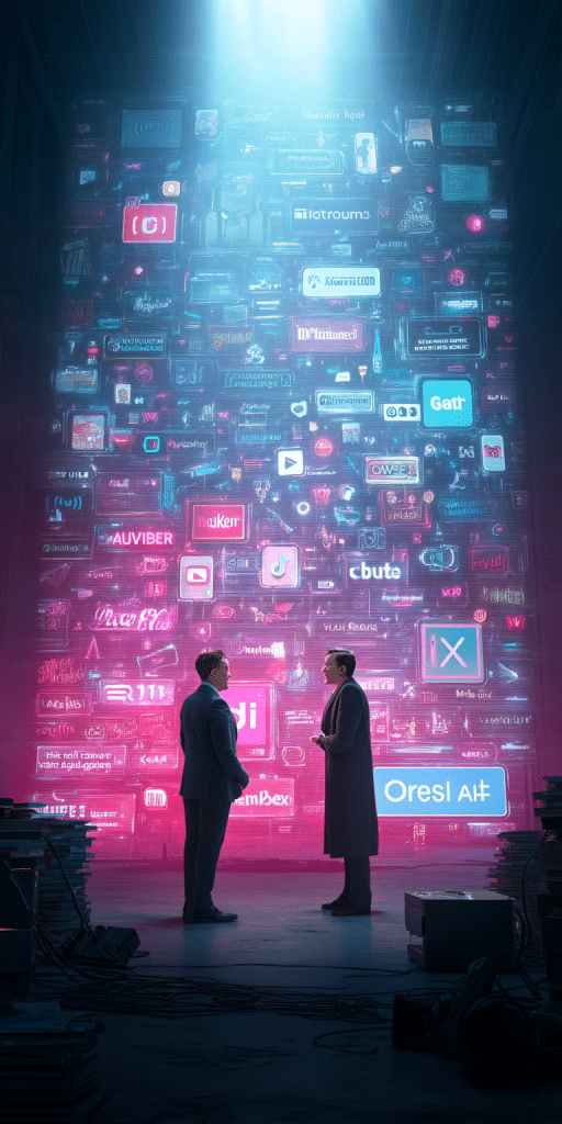 Zwei Männer stehen vor einer gigantischen digitalen Wand mit Logos globaler Tech-Unternehmen