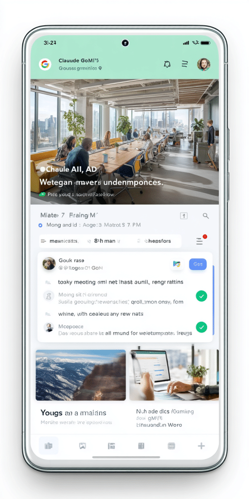 Smartphone mit geöffneter Business-App, die ein modernes Konferenzraumbild und eine KI-gestützte Benutzeroberfläche zeigt