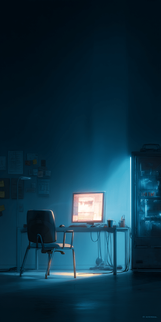 Ein leerer Stuhl vor einem Schreibtisch mit leuchtendem Monitor, umgeben von Notizzetteln und einem Getränkeautomaten in einem dunklen Raum.