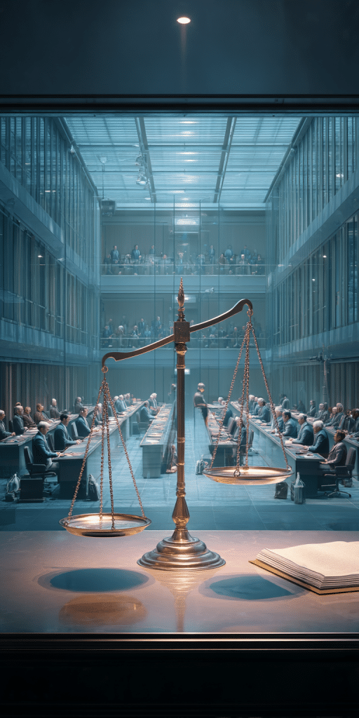 Eine goldene Waage im Vordergrund eines modernen Gerichtssaals voller Menschen in Anzügen.