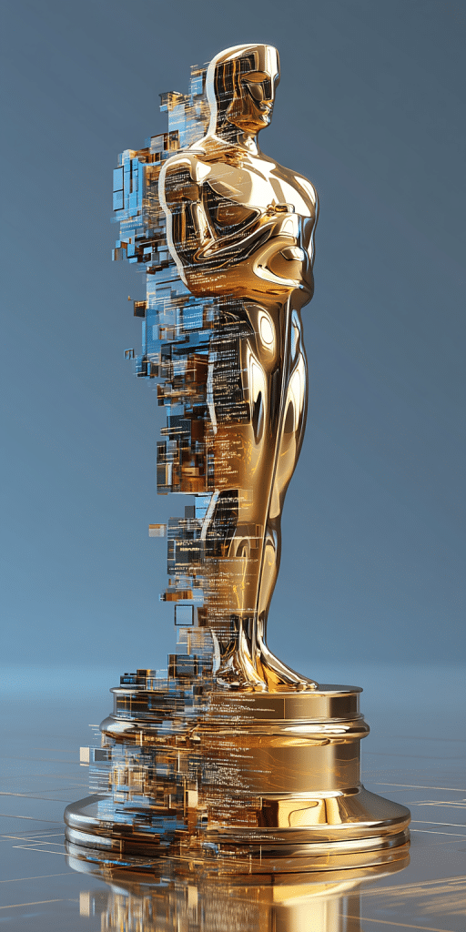 Eine goldene Statue im Oscar-Stil, die sich zur Hälfte in digitale Blöcke und Datenstrukturen auflöst