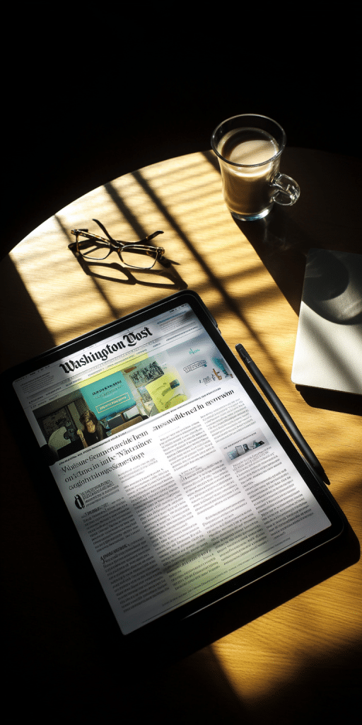 Tablet mit der digitalen Ausgabe der Washington Post auf einem Holztisch neben einer Kaffeetasse und einer Brille