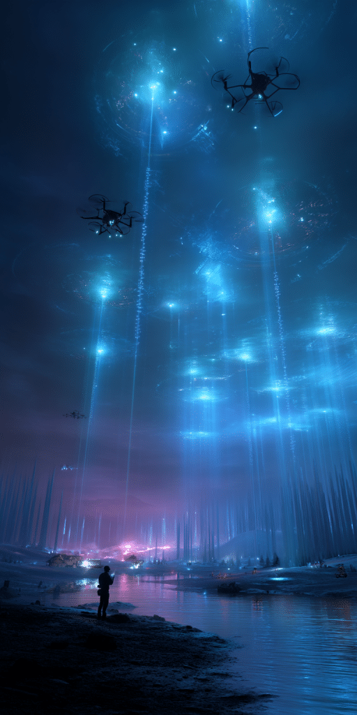 Mehrere Drohnen fliegen über eine nächtliche Landschaft mit Lichtstrahlen, Wasser und futuristischer Kulisse