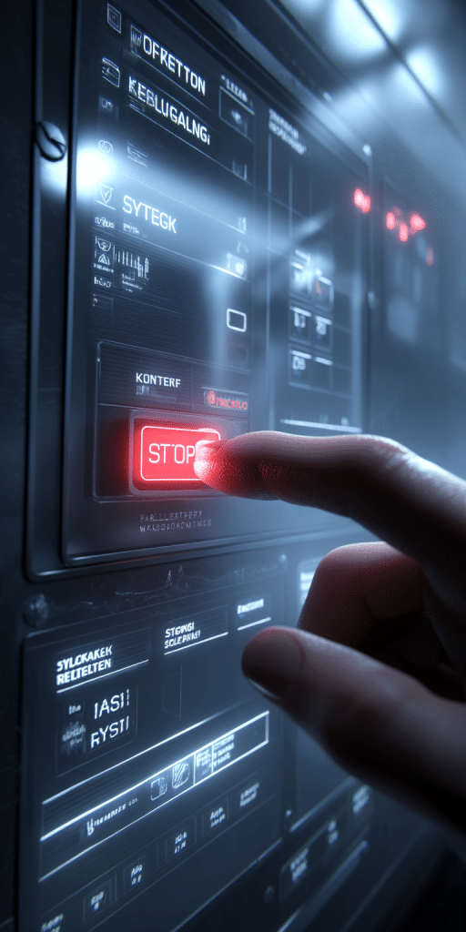 Ein Finger drückt auf einen leuchtenden roten STOPP-Knopf auf einer futuristischen Benutzeroberfläche mit holografischen Anzeigen.