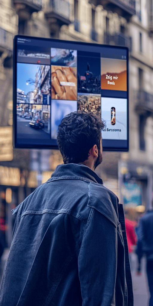 Mann betrachtet großes digitales Werbedisplay mit Social-Media-Inhalten auf der Straße