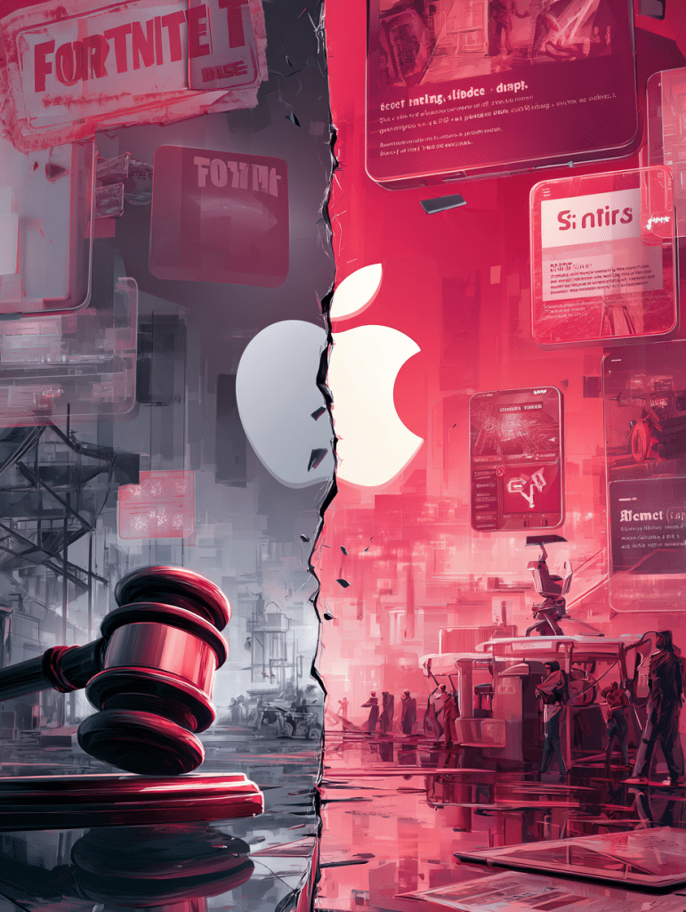 Aufgespaltene Szene mit Fortnite auf der linken und Apple auf der rechten Seite, dazwischen ein Gerichtshammer und digitale Benutzeroberflächen.