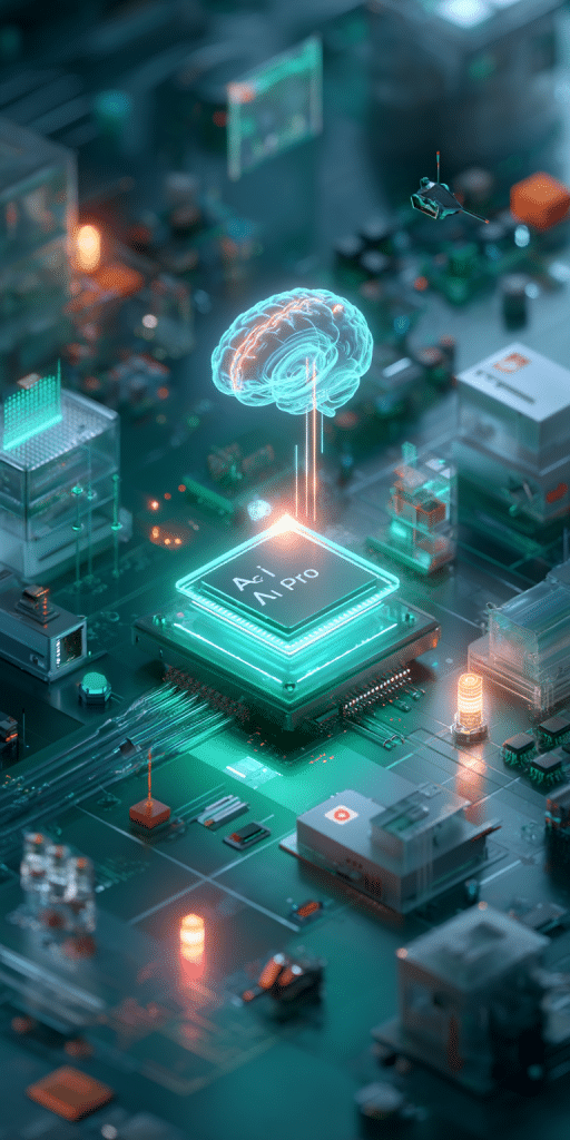 Ein leuchtender KI-Chip mit der Aufschrift „AI Pro“ wird von einem holographischen Gehirn über einem digitalen Motherboard angestrahlt.
