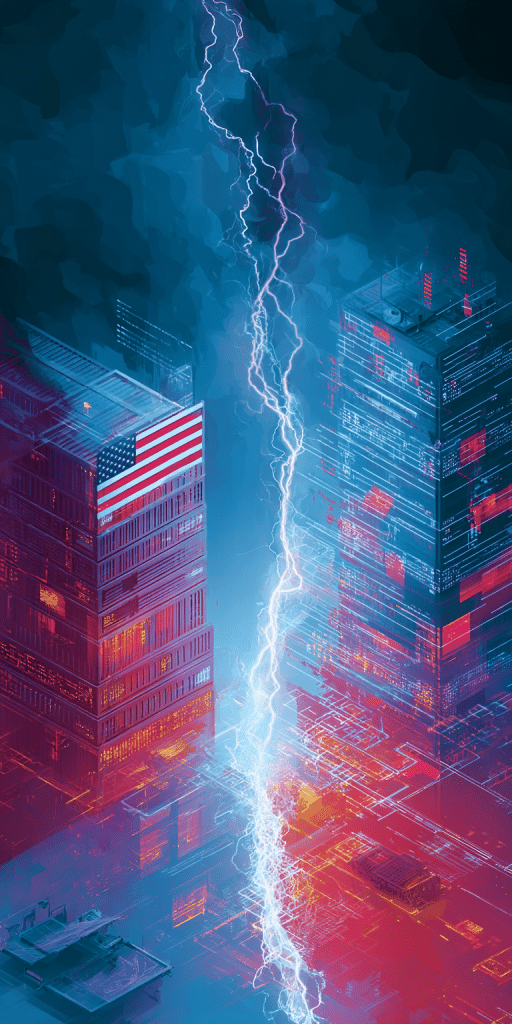 Zwei digitale Wolkenkratzer mit leuchtenden Datenstrukturen, getrennt durch einen Blitz, einer mit einer US-Flagge – Symbol für technologischen Konflikt.