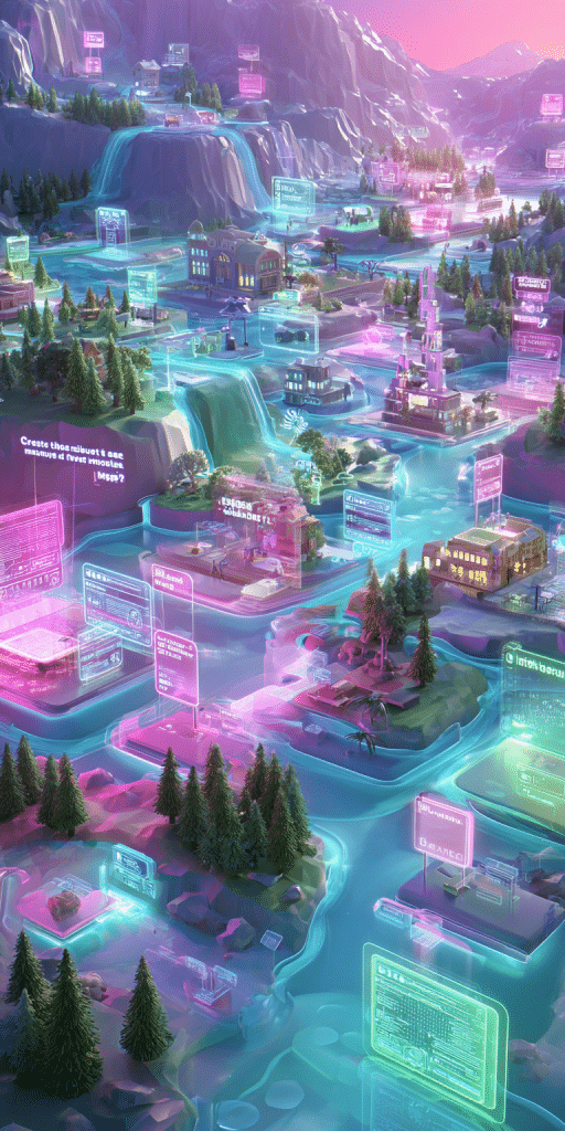 3D-gerenderte virtuelle Landschaft mit Bergen, Gebäuden und Bäumen, überlagert mit leuchtenden Benutzeroberflächen im Metaverse-Stil.