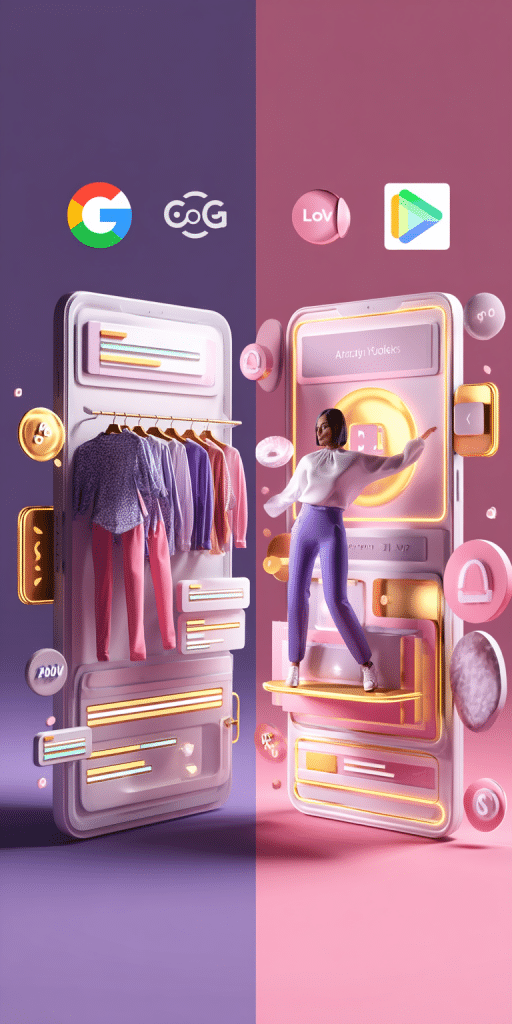 Zwei stilisierte Smartphone-Bildschirme mit Modeartikeln und einer Frau, dargestellt in einer futuristischen, zweifarbigen Online-Shopping-Szene.