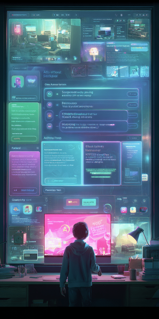 Junge steht vor überdimensionalem digitalen Dashboard mit KI-Interface, das einen futuristischen Arbeitsraum anzeigt