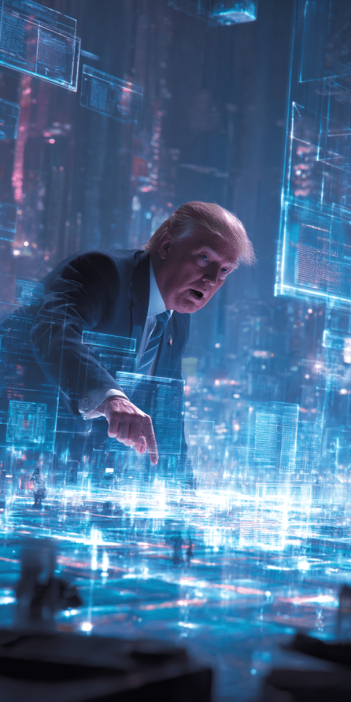 Donald Trump in einem digitalen Kontrollraum mit holografischen Daten und futuristischen Displays