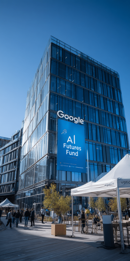 Modernes Google-Gebäude mit einem blauen Banner „AI Futures Fund“ an der Glasfassade
