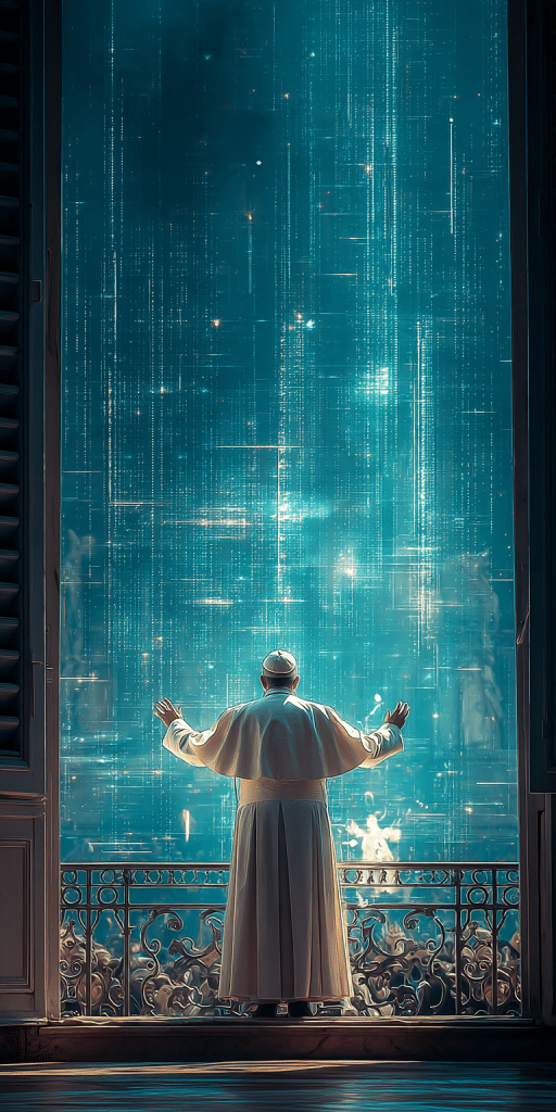 Papst in weißem Gewand steht auf einem Balkon vor einer futuristisch leuchtenden, digitalen Matrixkulisse