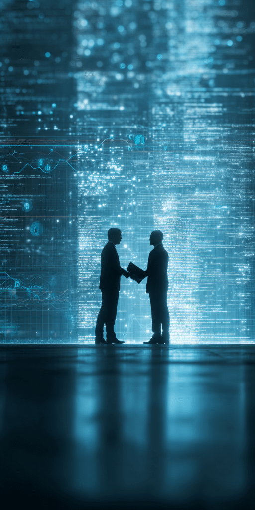 Zwei Geschäftsmänner im Schattenumriss reichen sich die Hand vor einem digitalen Hintergrund aus fließenden Datenströmen und Infografiken.