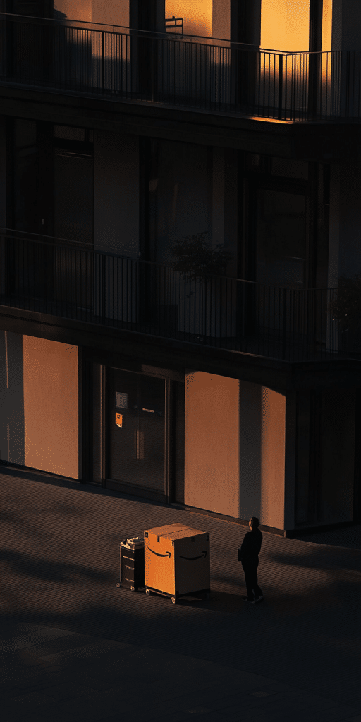 Einzelperson steht neben großem Karton mit Amazon-Logo vor Bürogebäude bei Sonnenuntergang