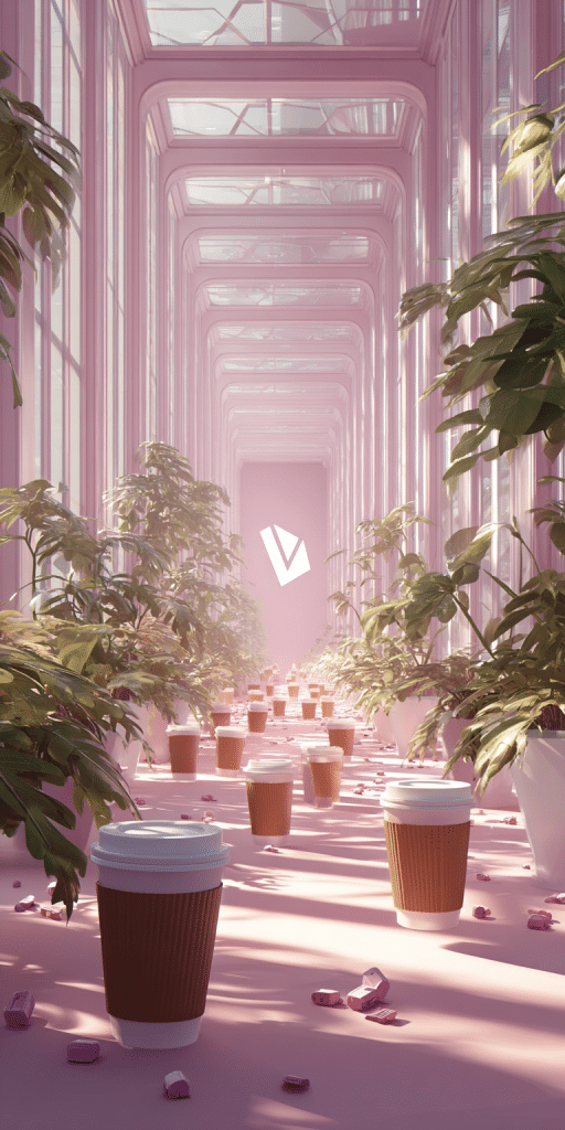 A dreamy pink-hued corridor filled with potted plants and coffee cups, leading to a minimalist logo in the distance.