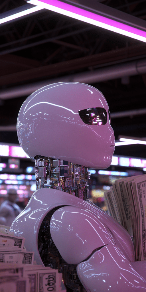 Weißer humanoider Roboter mit sichtbaren Schaltkreisen und Geldbündeln in futuristischer Umgebung