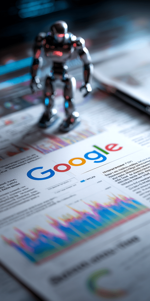 Miniatur-Roboter steht auf einem Google-Datenblatt mit bunten Analytics-Grafiken