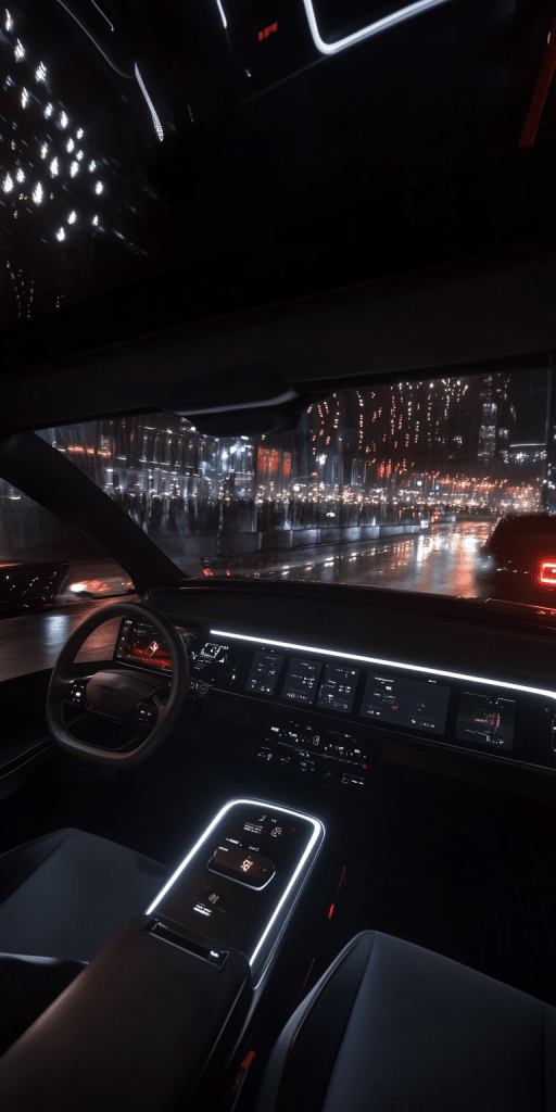 Blick aus einem futuristischen Auto-Cockpit auf eine nächtliche Stadtstraße mit Lichtern