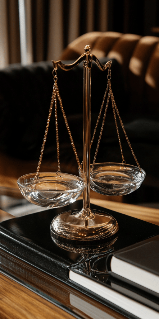 Goldene Waage auf einem Tisch im eleganten Büro, Symbol für Justiz