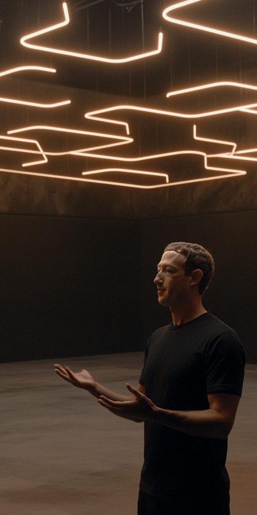 Mark Zuckerberg steht gestikulierend in einem dunklen Raum mit futuristischer LED-Deckenbeleuchtung