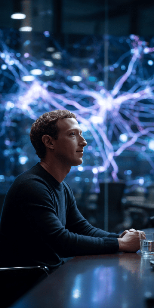 Mark Zuckerberg sitzt an einem Konferenztisch, im Hintergrund leuchten neuronale Netzwerke in Blau und Violett