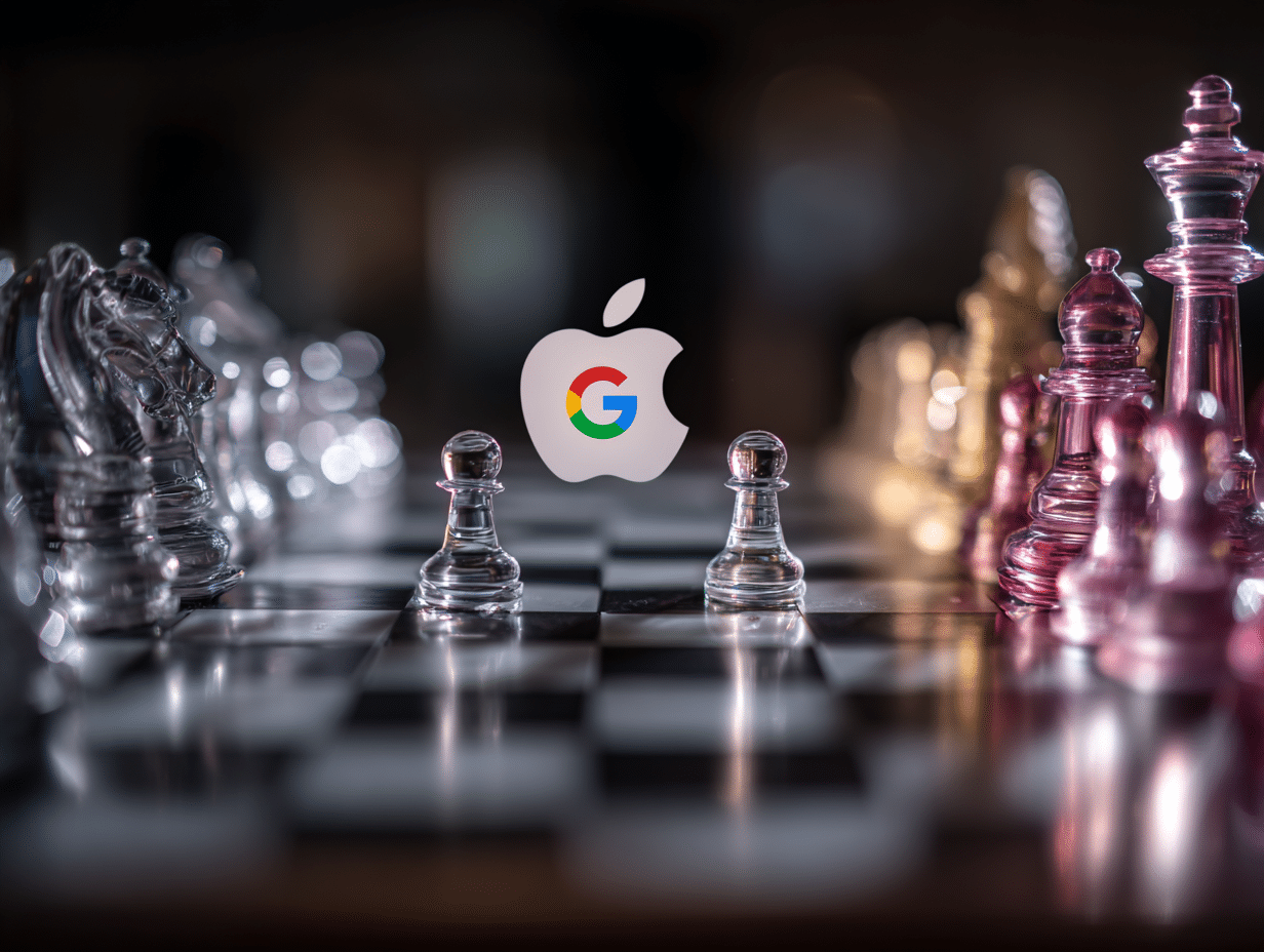 : Strategischer Technologiewettstreit zwischen Apple, Google und Meta auf einem Schachbrett