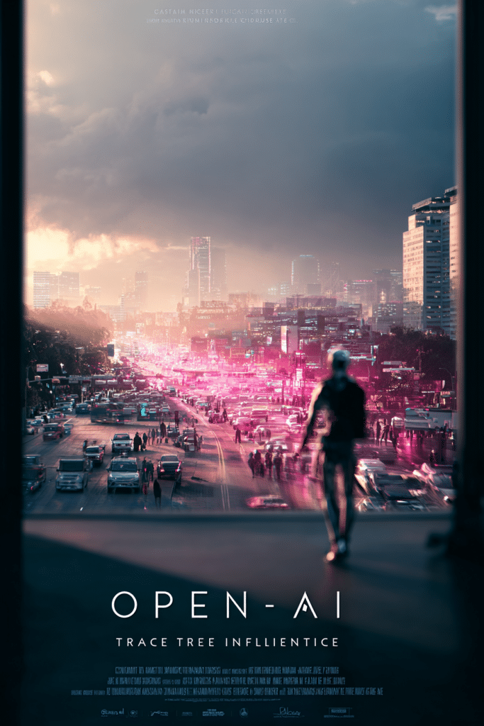 A futuristic cityscape at night with glowing streets and a silhouetted figure gazing over the vibrant scene.