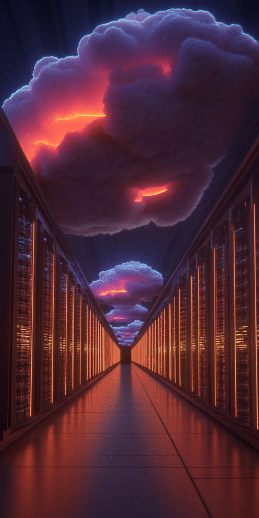 Visualisierung eines Rechenzentrums mit Serverreihen und schwebenden, leuchtenden Wolken als Symbol für Cloud-Computing