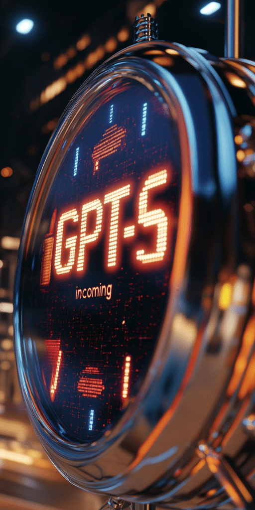 Nahaufnahme eines futuristischen Displays mit „GPT-5 incoming“ in Leuchtschrift