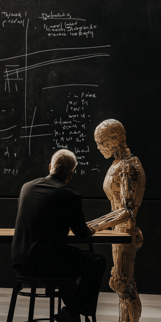 Ein Mann und ein Roboter analysieren Formeln an einer Tafel