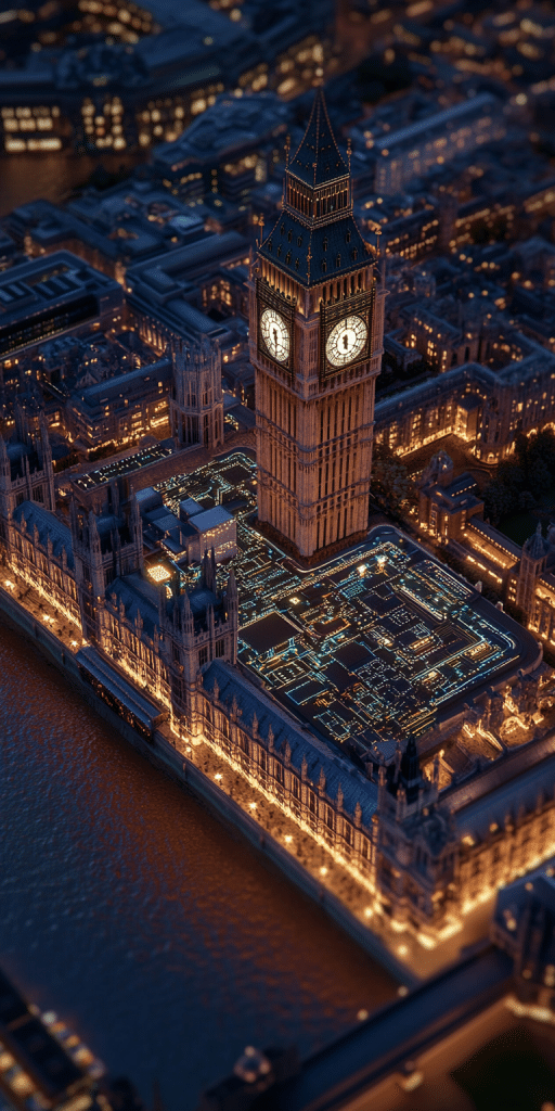 Blick auf Big Ben und die Houses of Parliament mit digitalem Schaltkreismuster bei Nacht