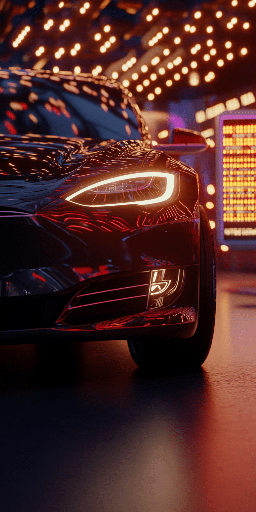 Frontansicht eines modernen Elektroautos in einer neonbeleuchteten Umgebung