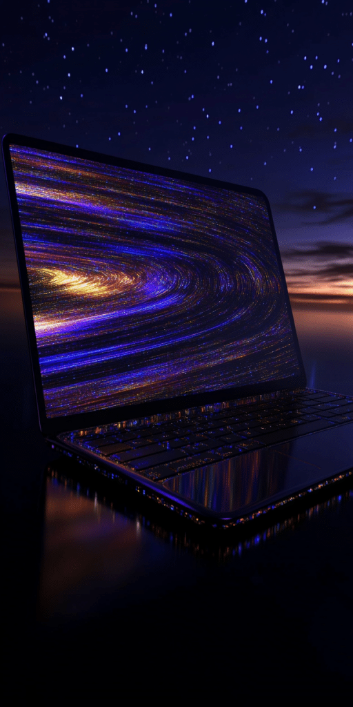 Laptop mit leuchtender, galaxieartiger Grafik auf dem Bildschirm unter Sternenhimmel