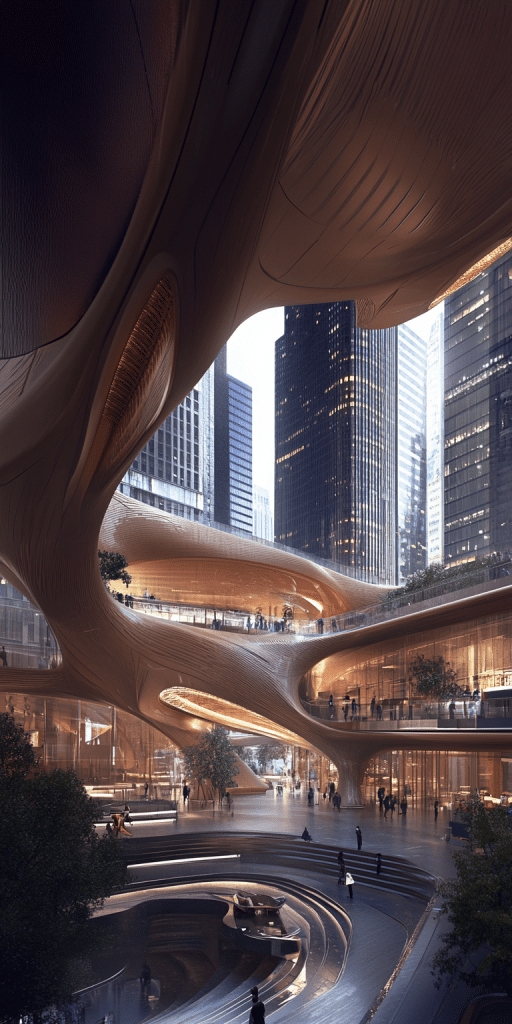 Geschwungene moderne Architektur mit offenen Ebenen und Hochhäusern im Hintergrund