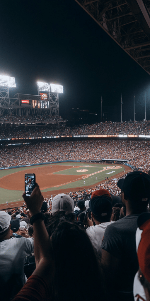 Zuschauer verfolgen ein Baseballspiel in einem vollbesetzten, hell beleuchteten Stadion bei Nacht