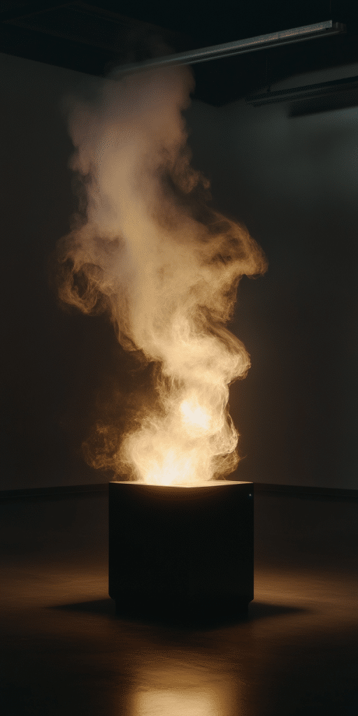 Aufsteigender, orange leuchtender Rauch aus einem schwarzen Podest in dunklem Raum
