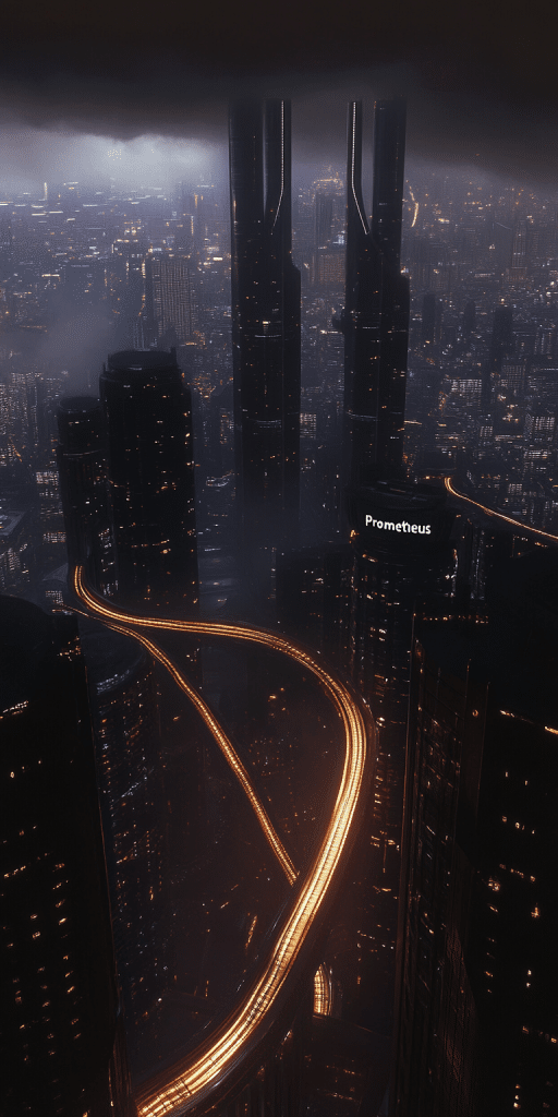 Luftaufnahme einer futuristischen Megacity mit Wolkenkratzern, beleuchteten Straßen und dem Schriftzug „Prometheus“