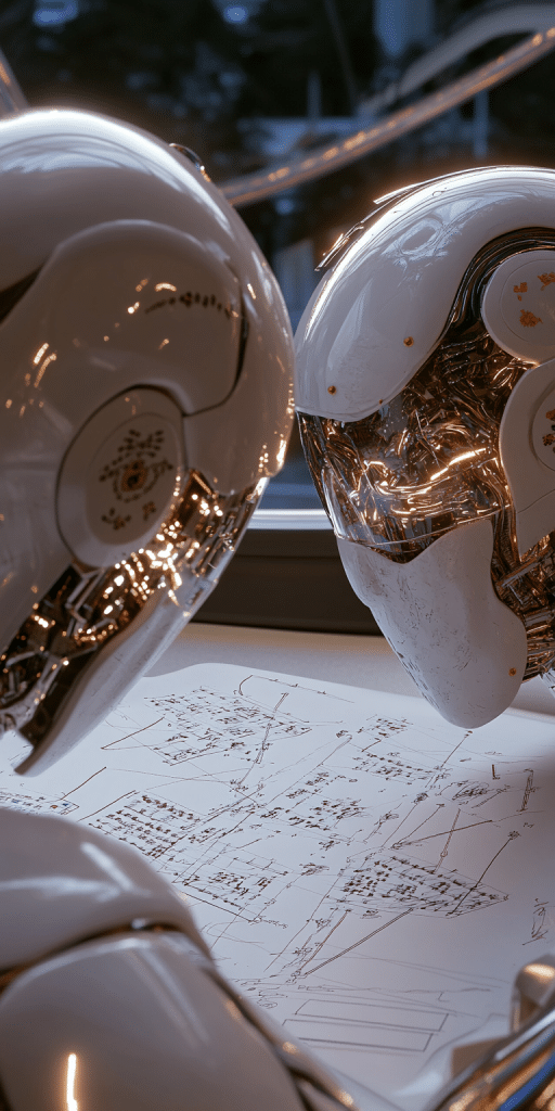 Zwei futuristische Roboter betrachten einen komplexen technischen Schaltplan