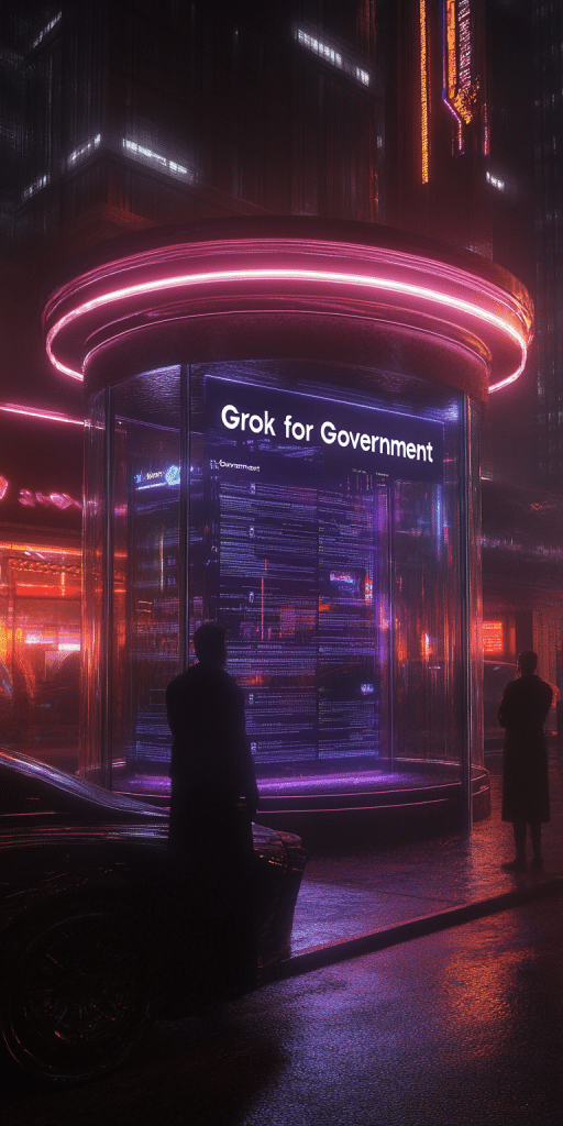 Silhouetten vor einer neonbeleuchteten Glasstation mit der Aufschrift „Grok for Government“ bei Nacht