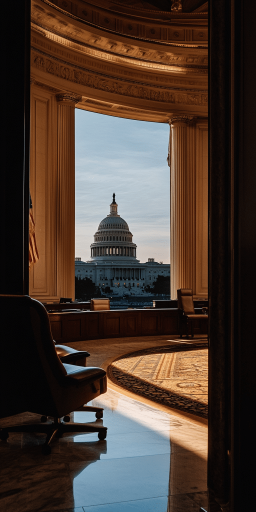 Innenansicht eines prunkvollen Saals mit Blick auf das US-Kapitol bei Sonnenuntergang