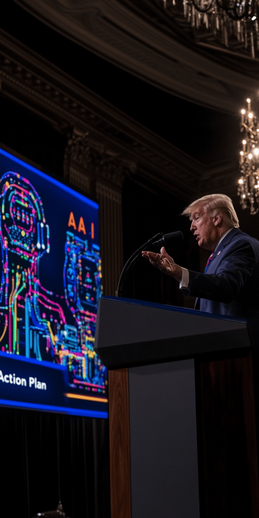 Ein Politiker am Rednerpult spricht vor einem Bildschirm mit KI-Grafik und dem Text "AI Action Plan"