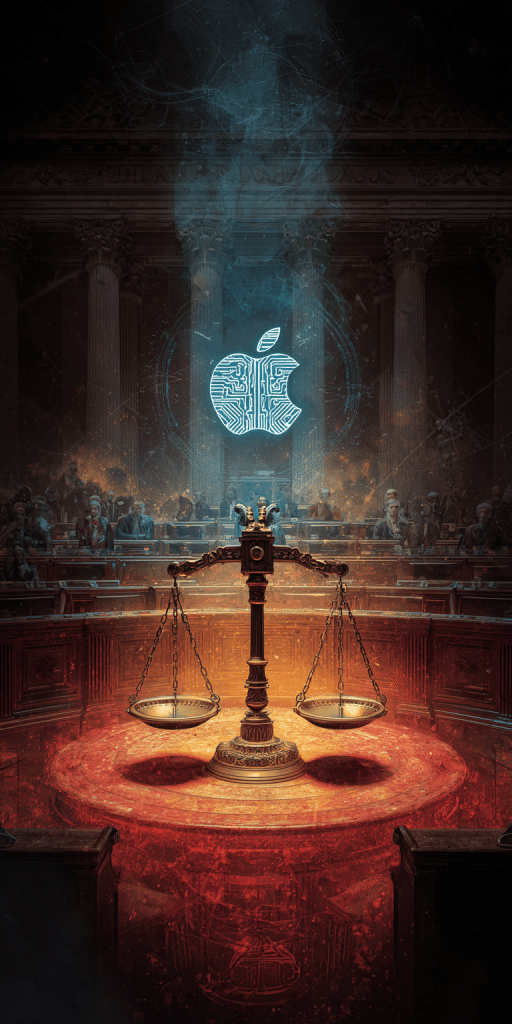 Waage der Gerechtigkeit vor einem Gerichtssaal mit einem KI-Apple-Logo im Hintergrund