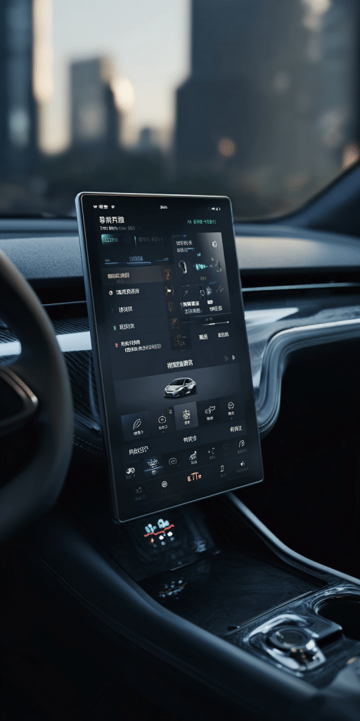 Nahaufnahme eines digitalen Touchscreens in einem modernen Auto-Cockpit